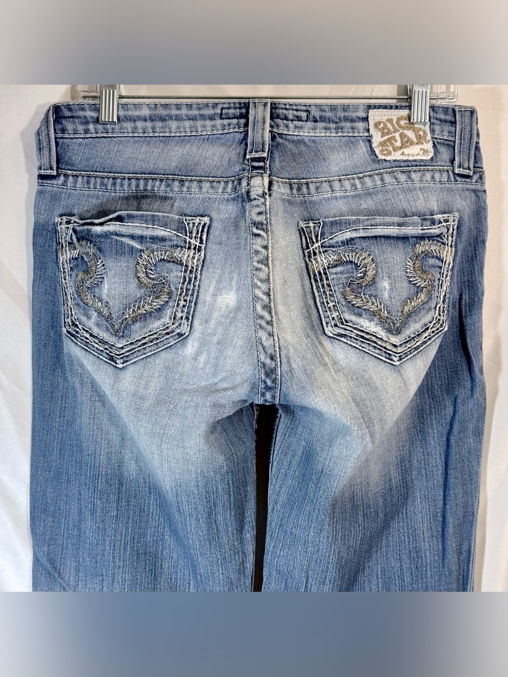 Big Star “Maddie” Mid Rise Boot Cut Distressed Light Wash Jeans With Whiskering - Picture 8 of 16